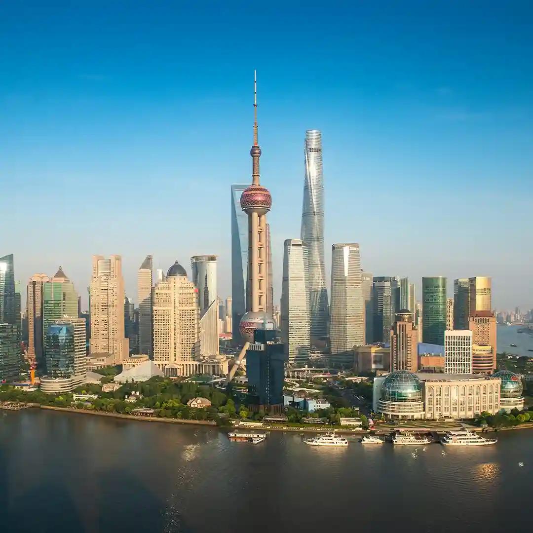 Oriental Pearl Tower in Shanghai skyline with modern skyscrapers and observation spheres