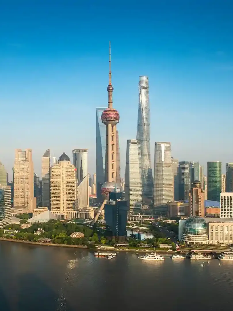 Oriental Pearl Tower in Shanghai skyline with modern skyscrapers and observation spheres