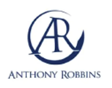 Anthony Robbins logo: a circular navy blue emblem with intertwined 'A' and 'R' initials, above the text 'ANTHONY ROBBINS' in navy blue capital letters