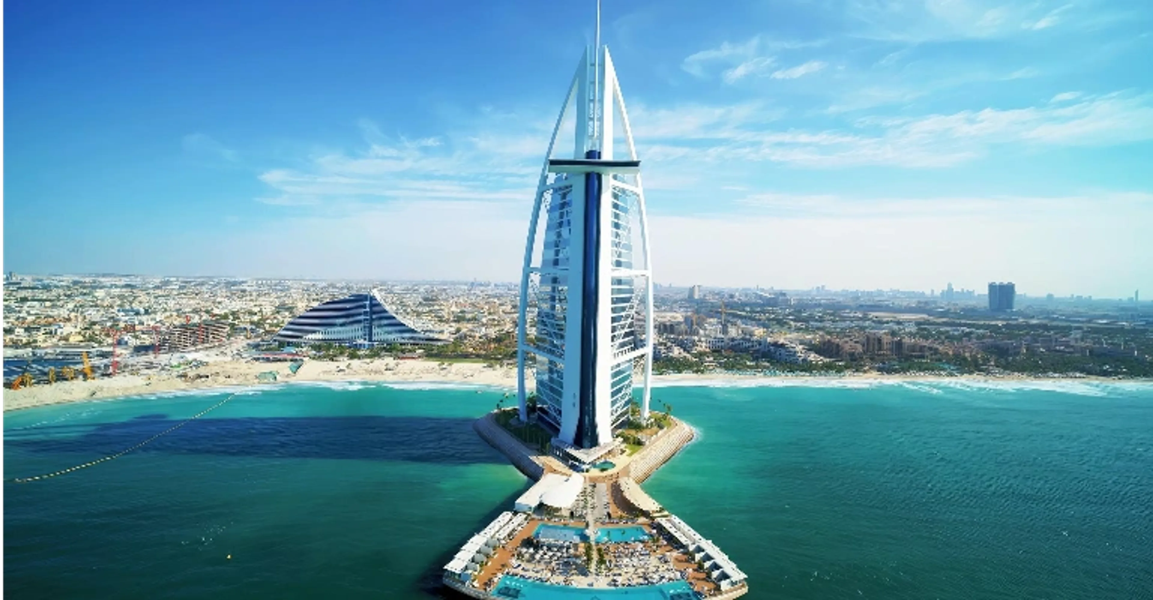 Aerial view of Burj Al Arab on its private island in Dubai