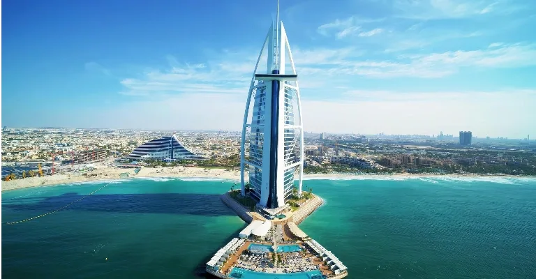 Aerial view of Burj Al Arab on its private island in Dubai
