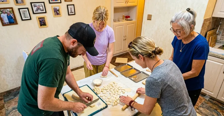 Group of travelers hand-rolling dumplings during a local cooking class in China