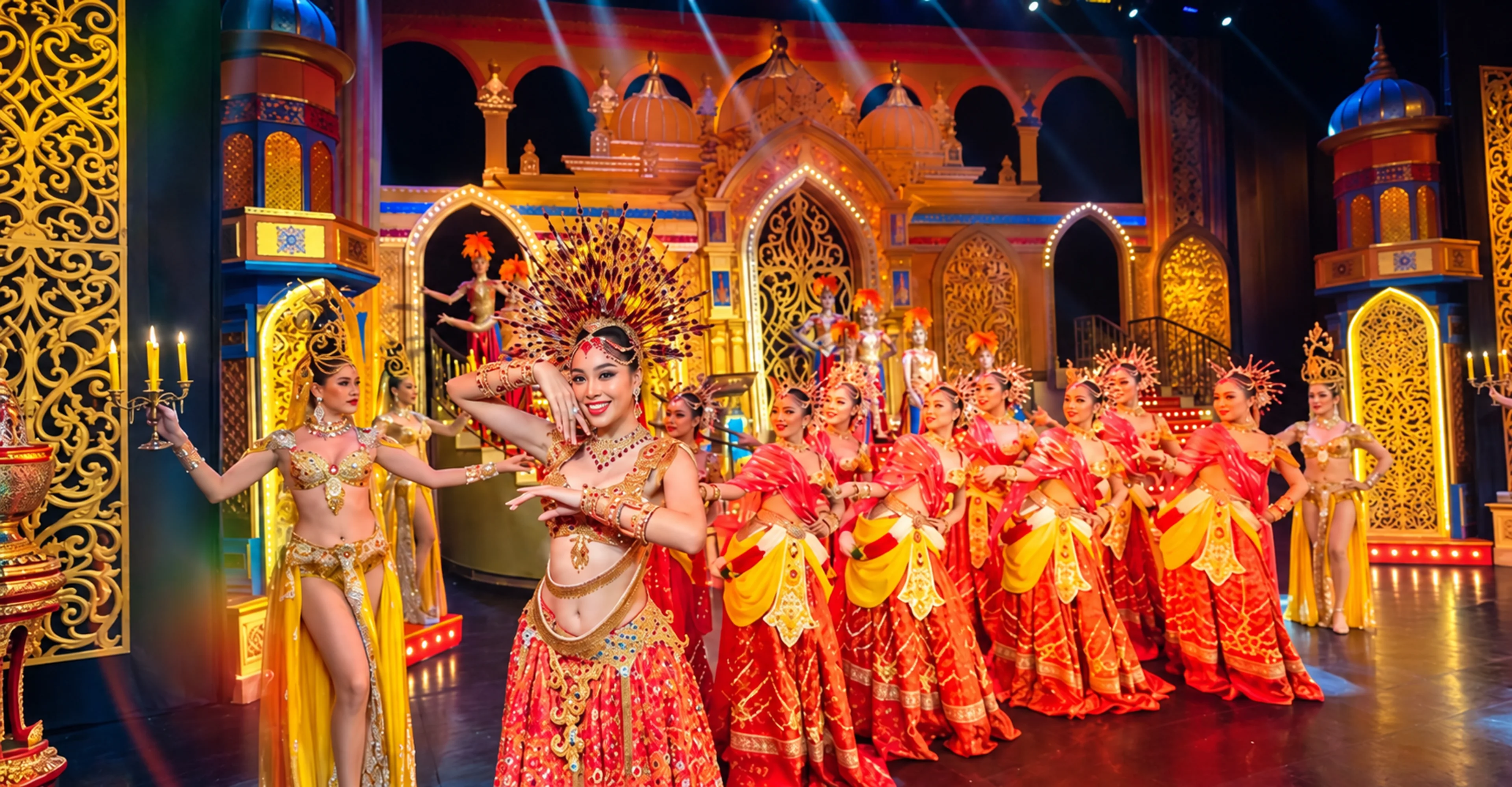 Dancers in sparkling traditional costumes performing at a cabaret show in Thailand