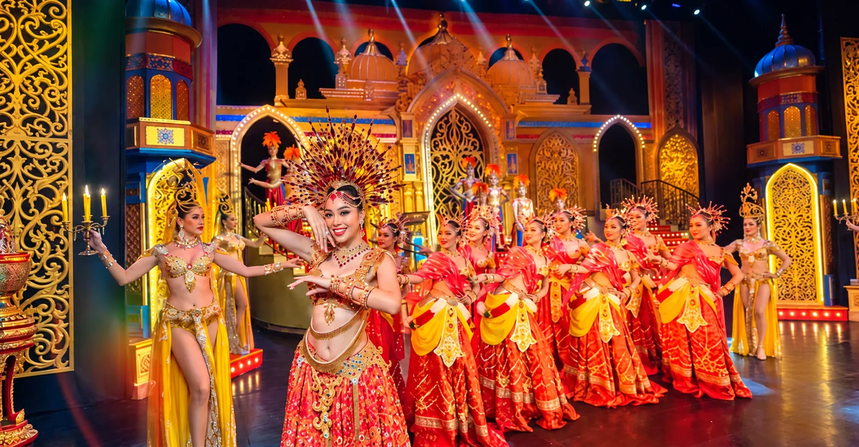 Dancers in sparkling traditional costumes performing at a cabaret show in Thailand
