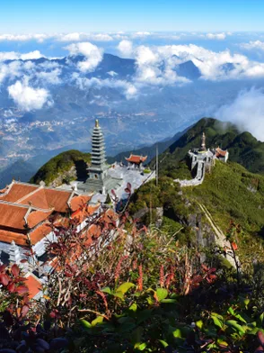 Fansipan Mountain in Sapa with cable car views and misty mountain landscapes