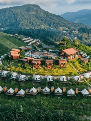 Luxury stargazing camp with campfire in the mountains of Mon Jam, Chiang Mai, Thailand