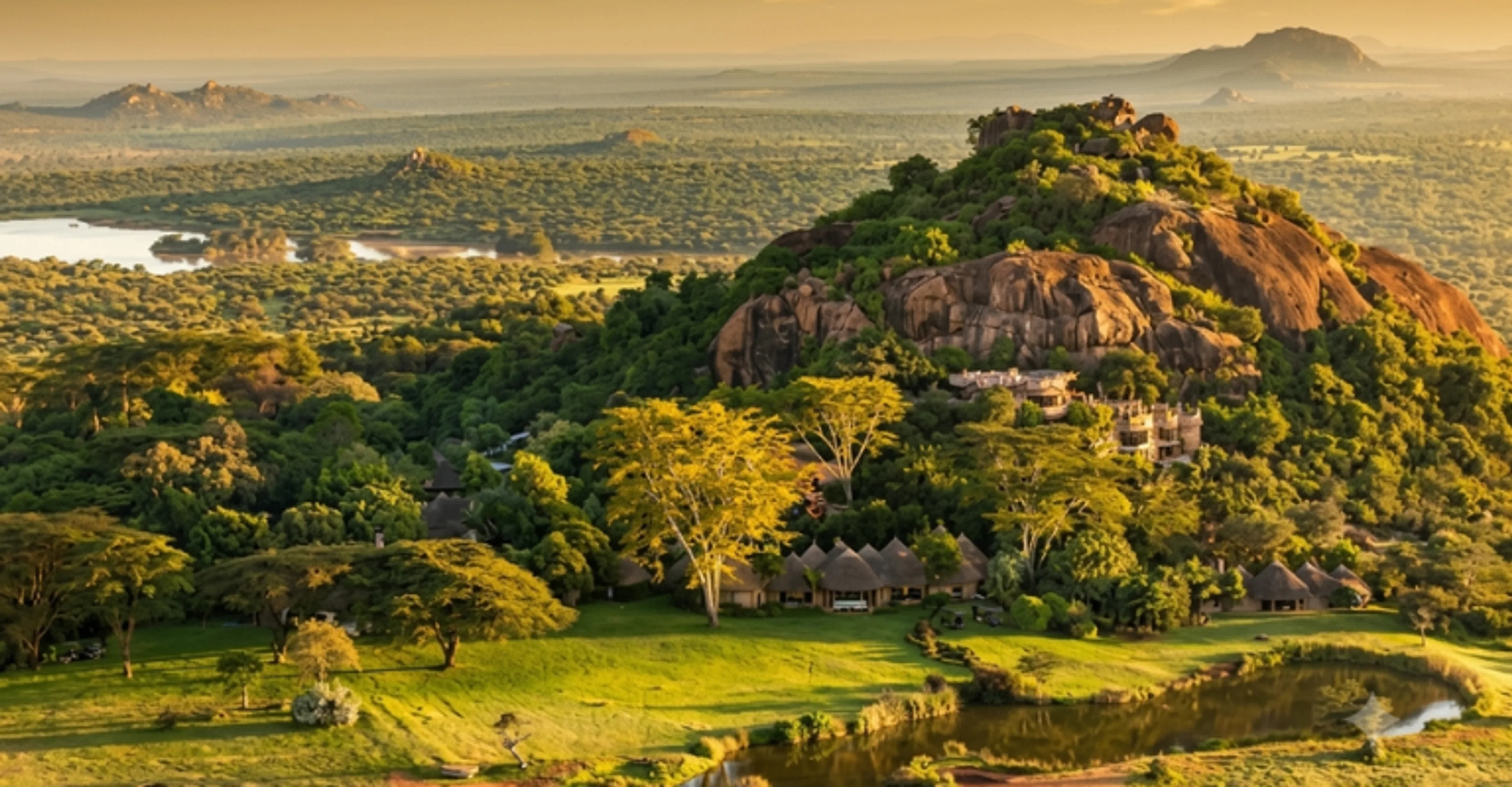 An aerial view of a lodge built into a rocky hilltop, surrounded by dense greenery with a river and open savanna stretching into the distance.