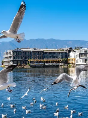 Private luxury yacht cruising Erhai Lake with the Cangshan Mountains in the background, Dali China
