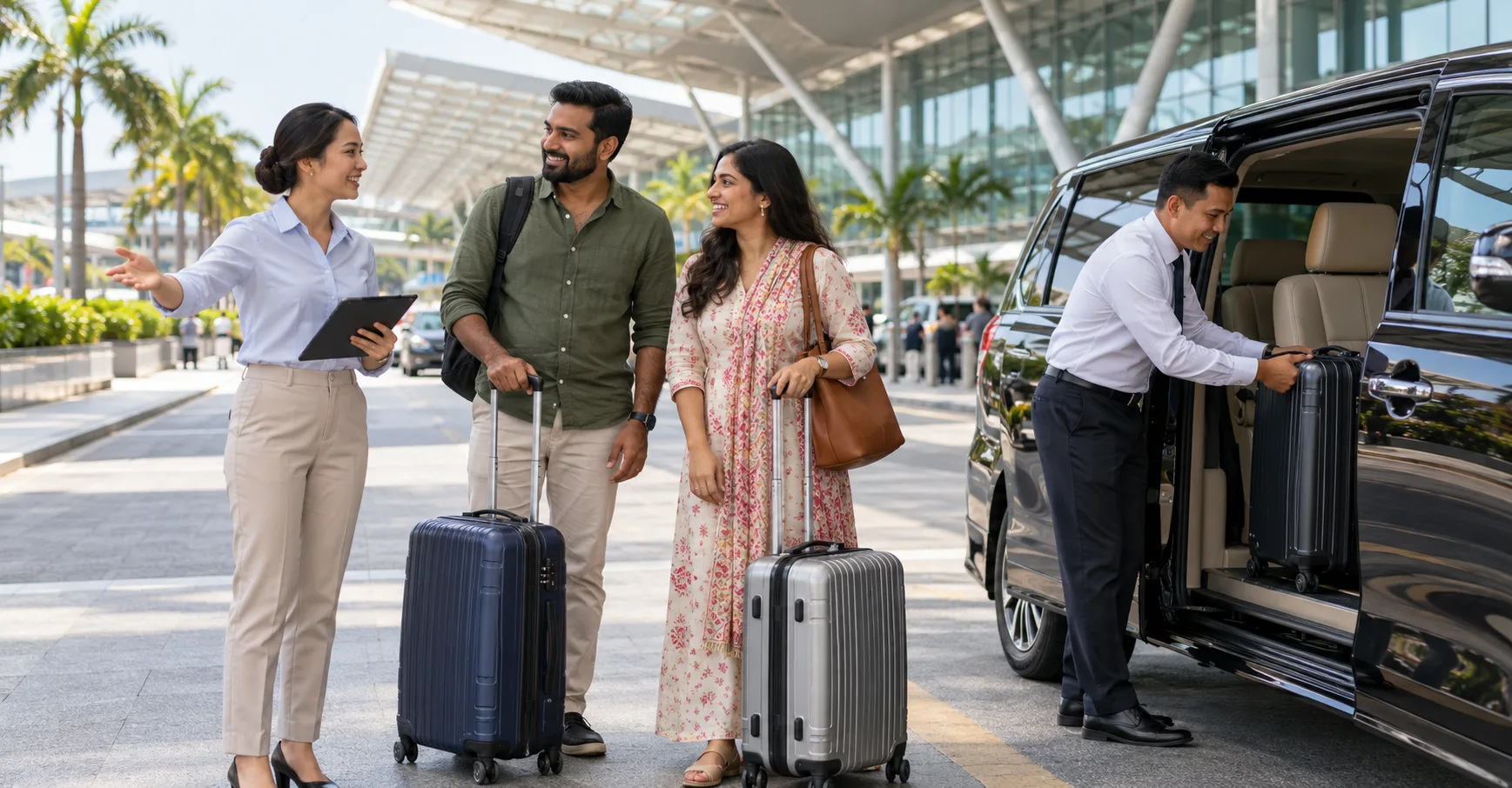 Airport meet-and-greet with a chauffeur loading luggage into a private van
