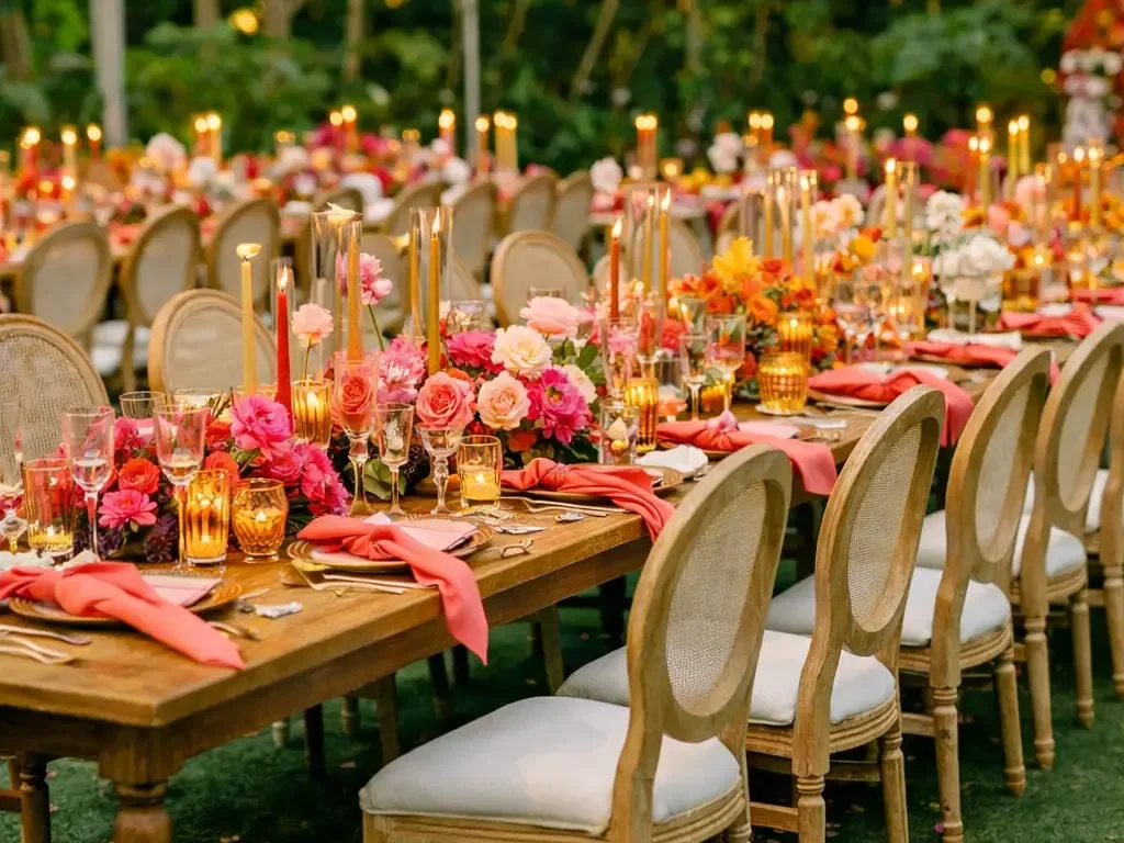 Elegant wedding catering setup with gourmet food and beverages for destination weddings