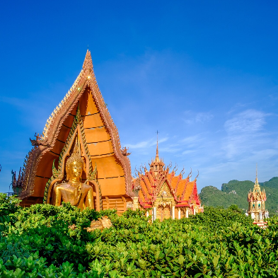 Wat Tham Suea Tiger Cave Temple overlooking Krabi's mountains