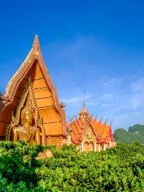 Wat Tham Suea Tiger Cave Temple overlooking Krabi's mountains