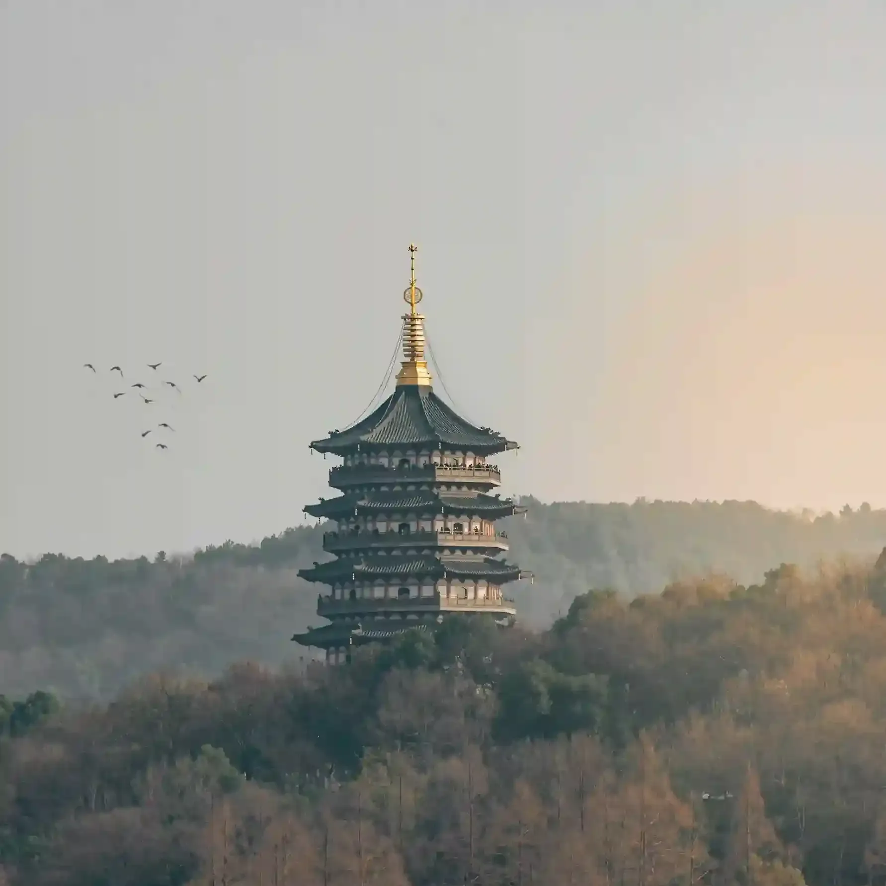 West Lake scenery in Hangzhou with temples and natural landscapes