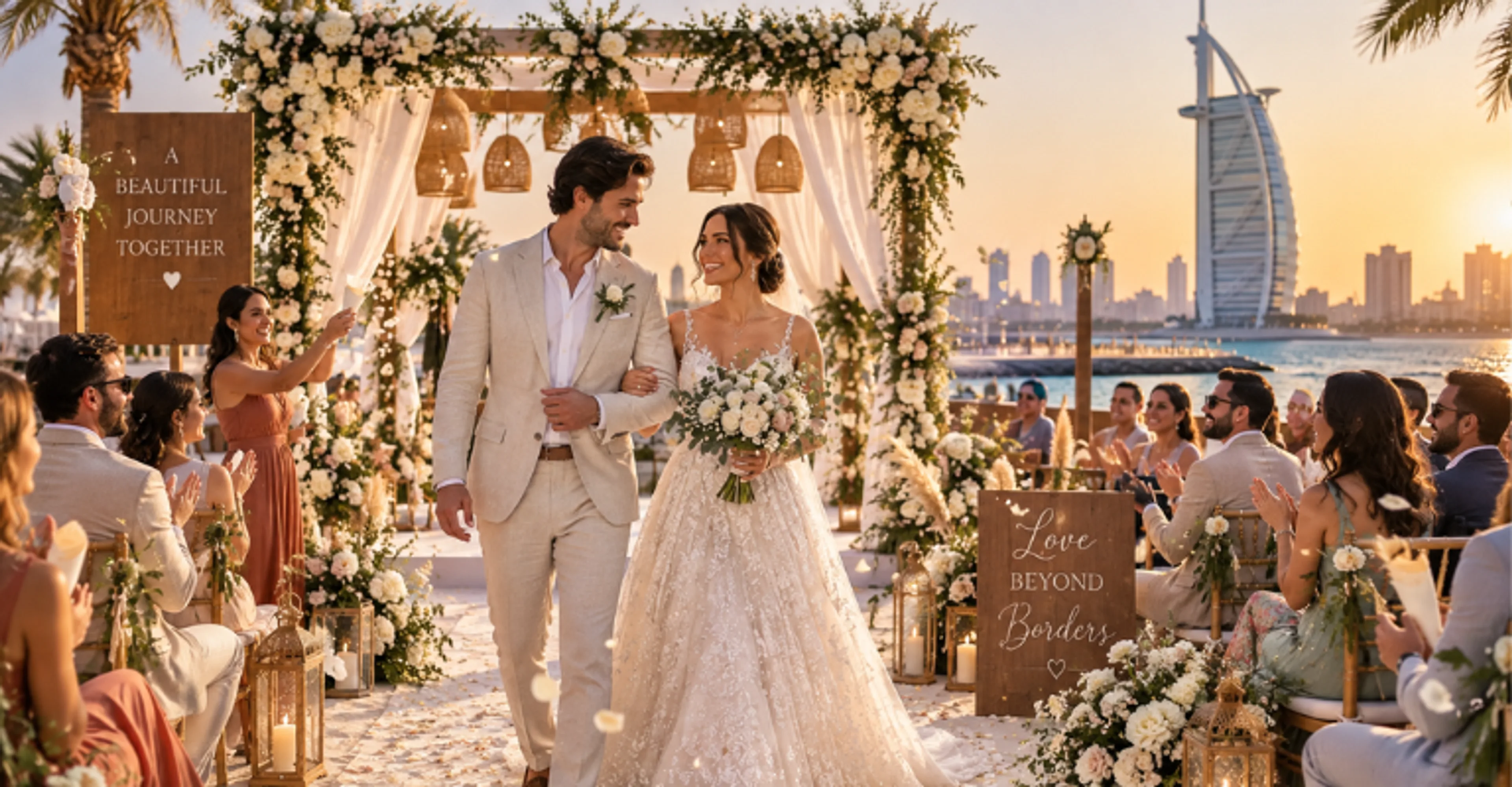 Wedding ceremony on a Dubai beach with the Burj Al Arab in the background