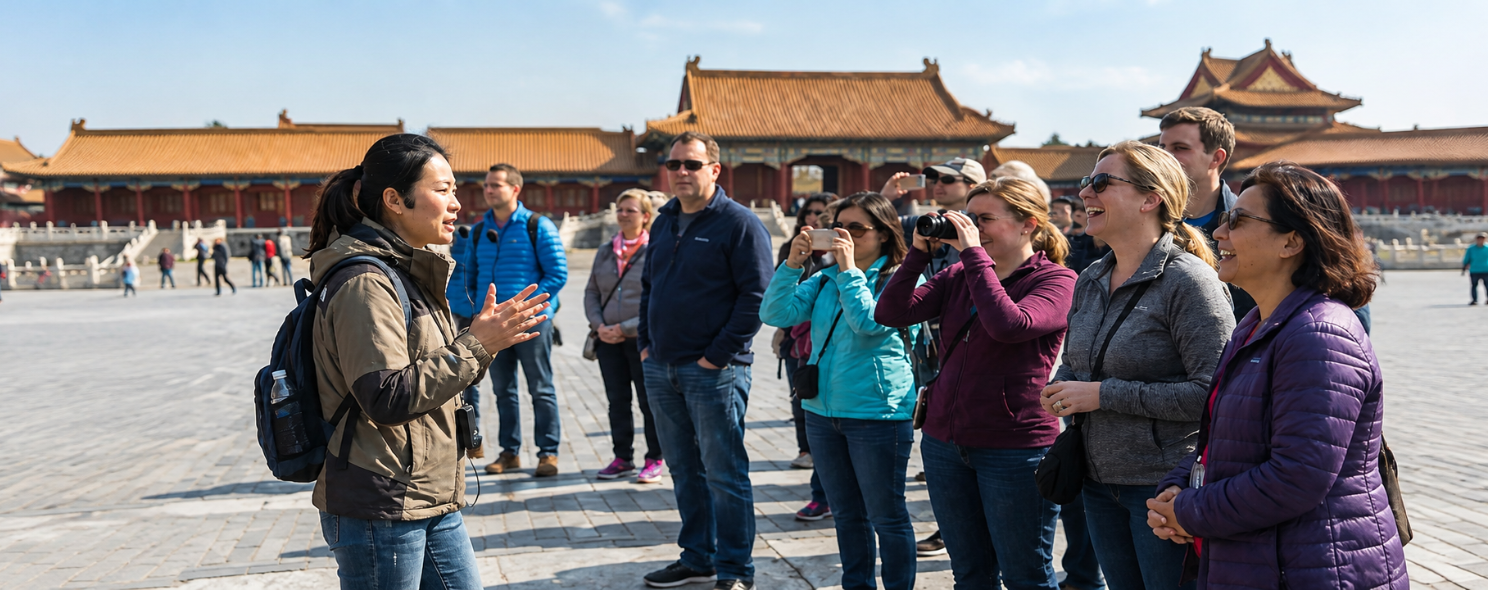 China DMC tour guide briefing a group of international travelers at Beijing's Forbidden City