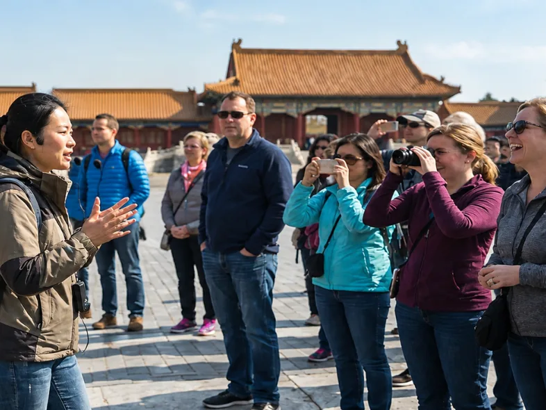 China DMC tour guide briefing a group of international travelers at Beijing's Forbidden City