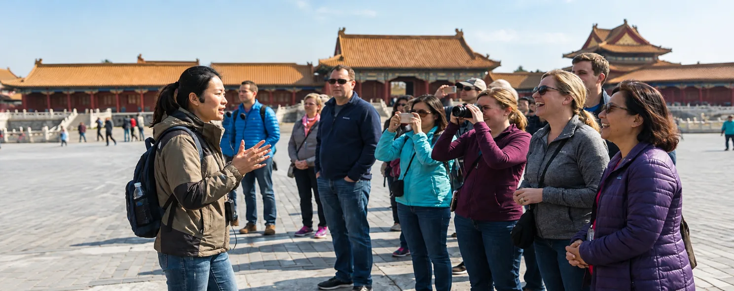 China DMC tour guide briefing a group of international travelers at Beijing's Forbidden City