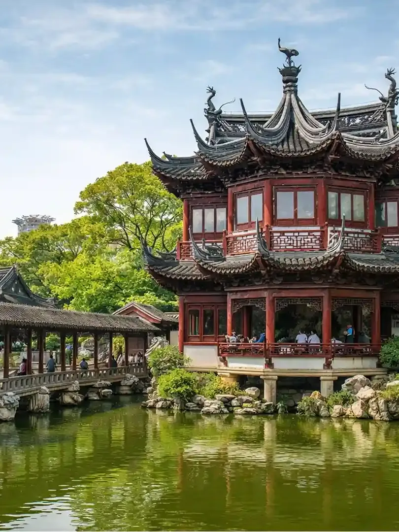 Yu Garden in Shanghai with classical Chinese pavilions, ponds, and traditional Old City architecture