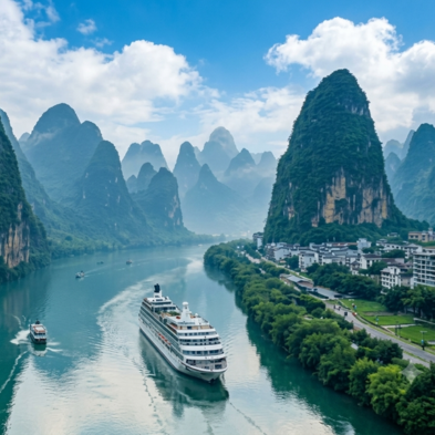 Private luxury boat cruising the Li River past Guilin's karst mountain landscape