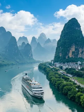 Private luxury boat cruising the Li River past Guilin's karst mountain landscape