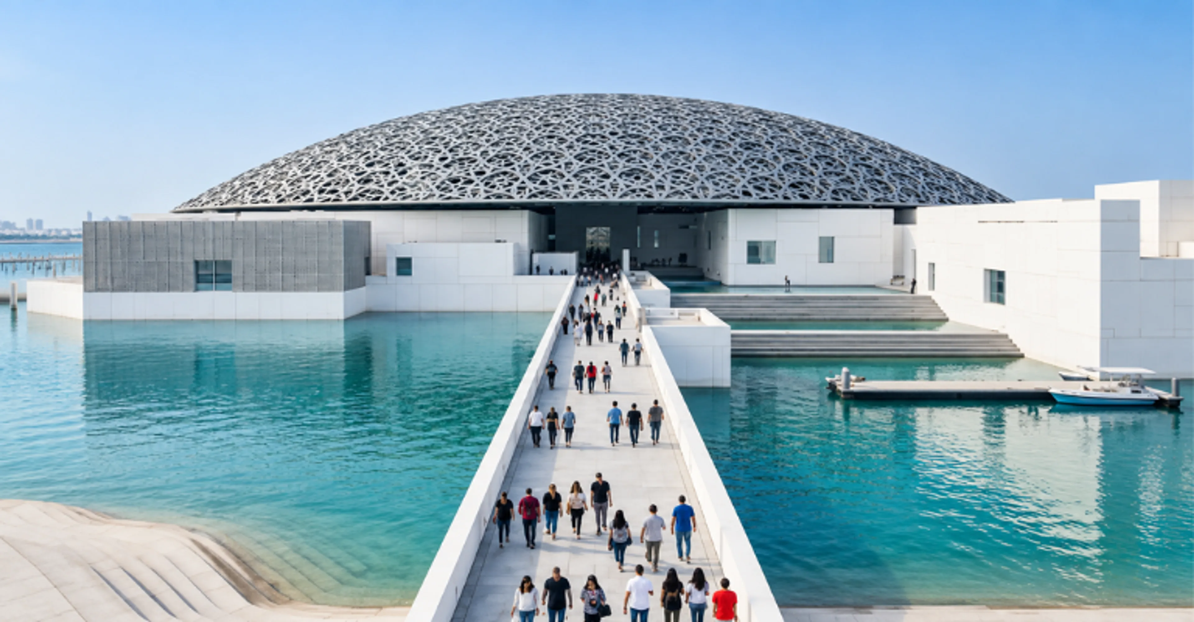Visitors walking to the Louvre Abu Dhabi museum