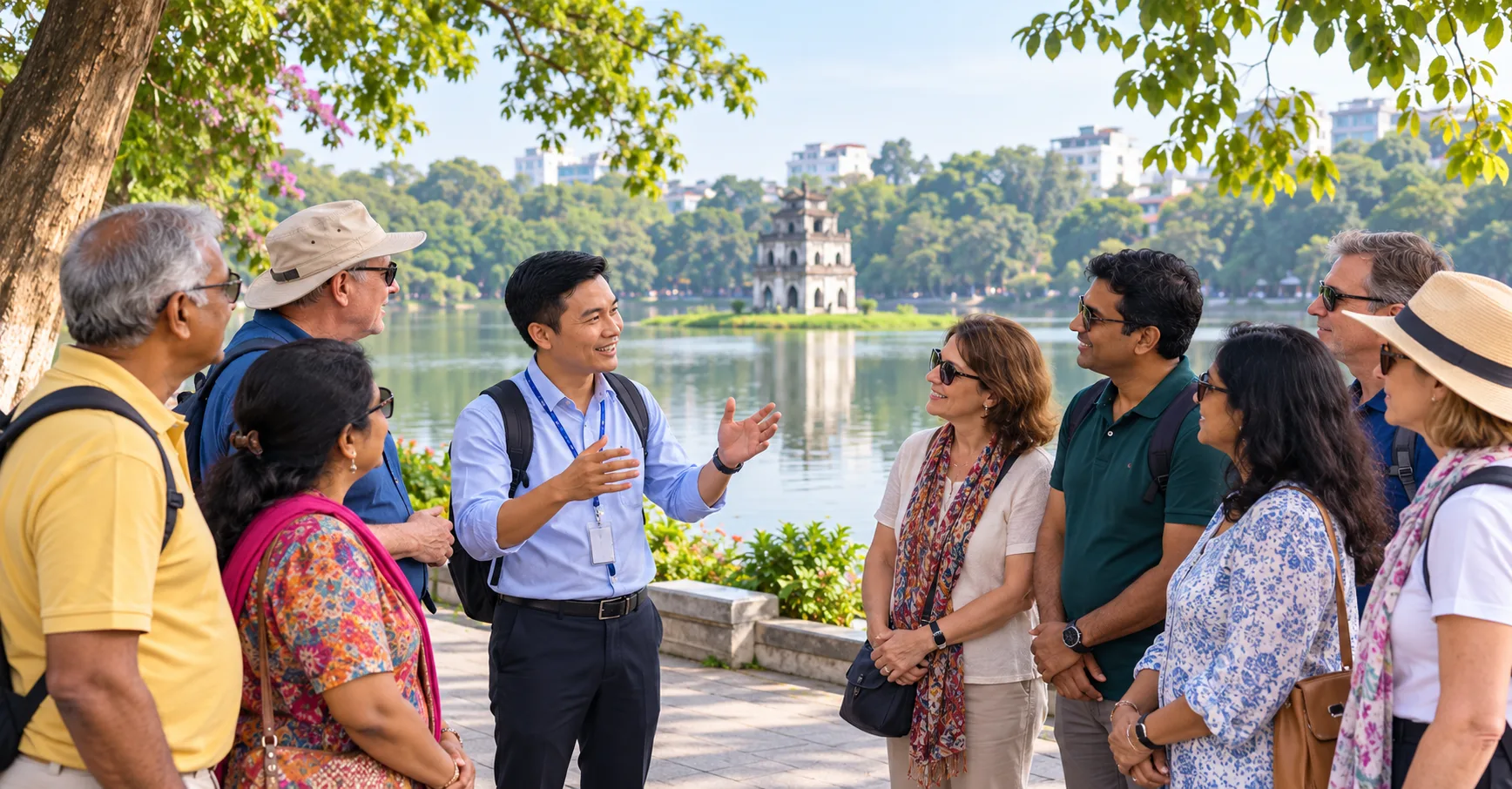 Hanoi DMC guide leading a group city tour at Hoan Kiem Lake with Turtle Tower in the background