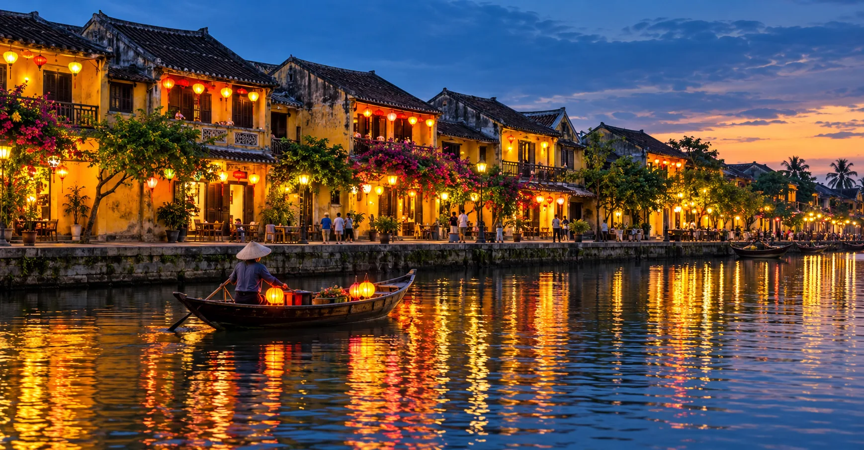 Lantern-lit Hoi An Ancient Town riverside at dusk