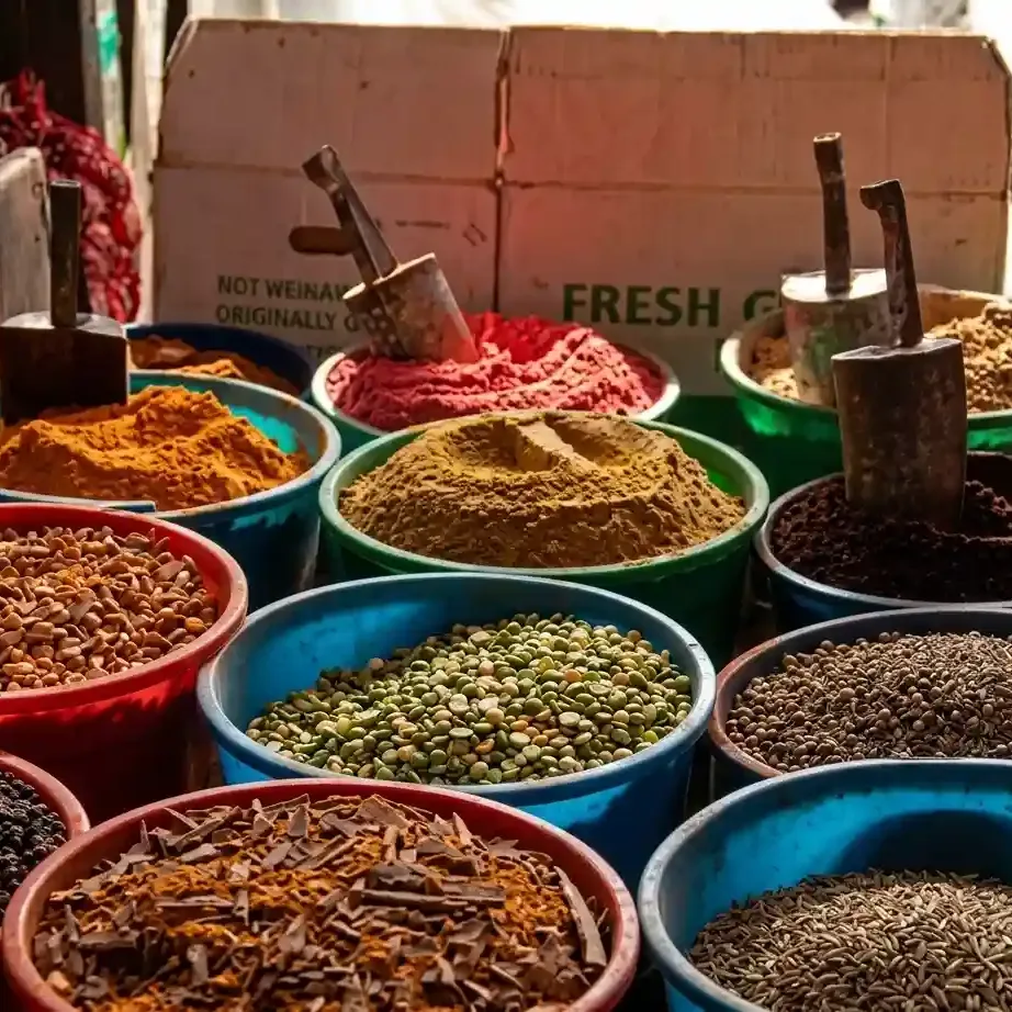 Colorful spice market in Mombasa with fresh spices, herbs, and local vendors