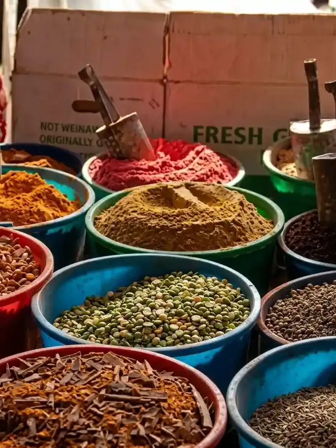 Colorful spice market in Mombasa with fresh spices, herbs, and local vendors