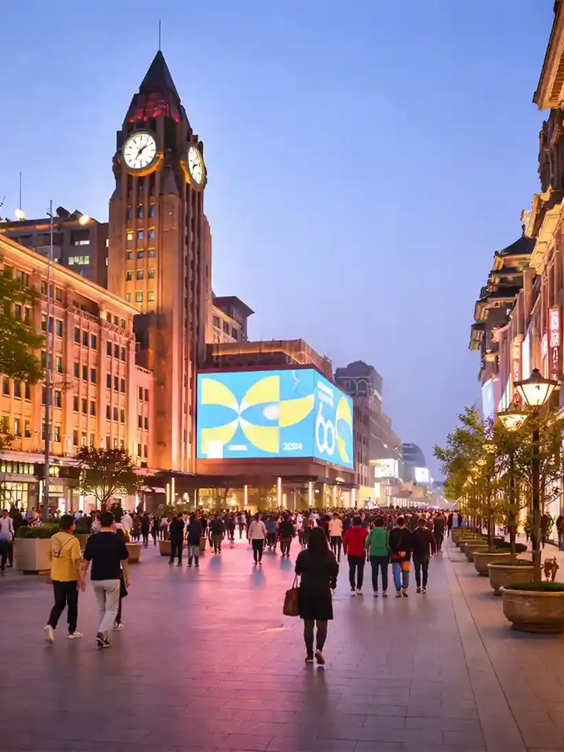 Wangfujing Pedestrian Street Beijing with busy shopping area, street food stalls, and bright city lights