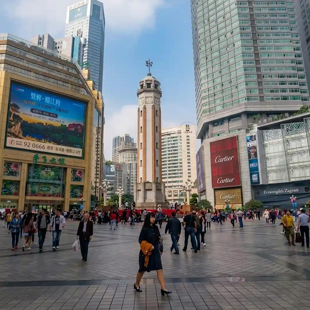 Liberation Square Chongqing with modern buildings, busy pedestrian area, and city center atmosphere