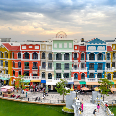 Grand World Phu Quoc with colorful buildings, canals, and entertainment areas