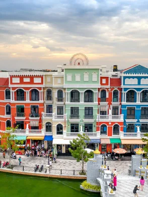 Grand World Phu Quoc with colorful buildings, canals, and entertainment areas