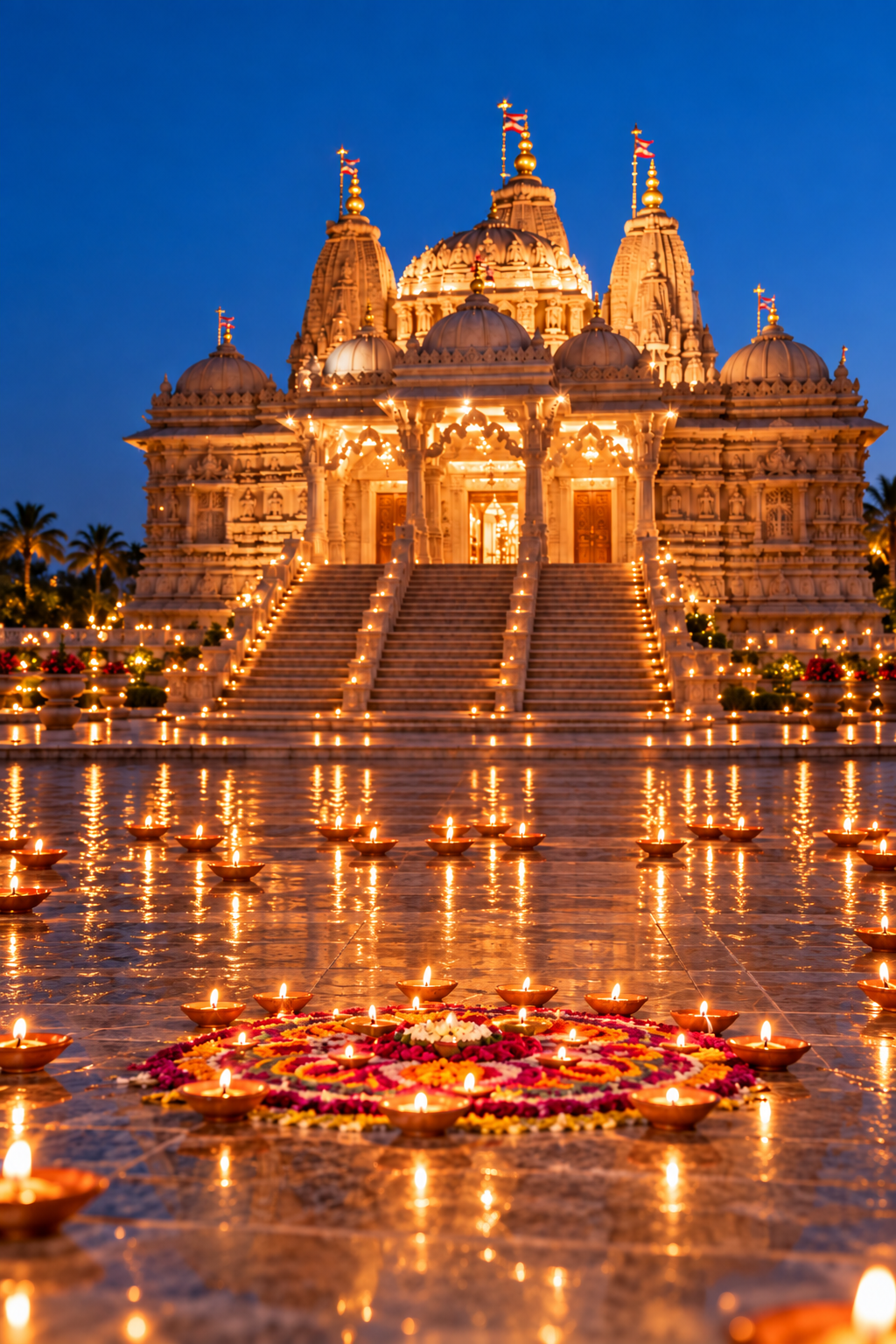 Indian family lighting diyas around a colorful rangoli in front of an illuminated Hindu temple during Diwali.