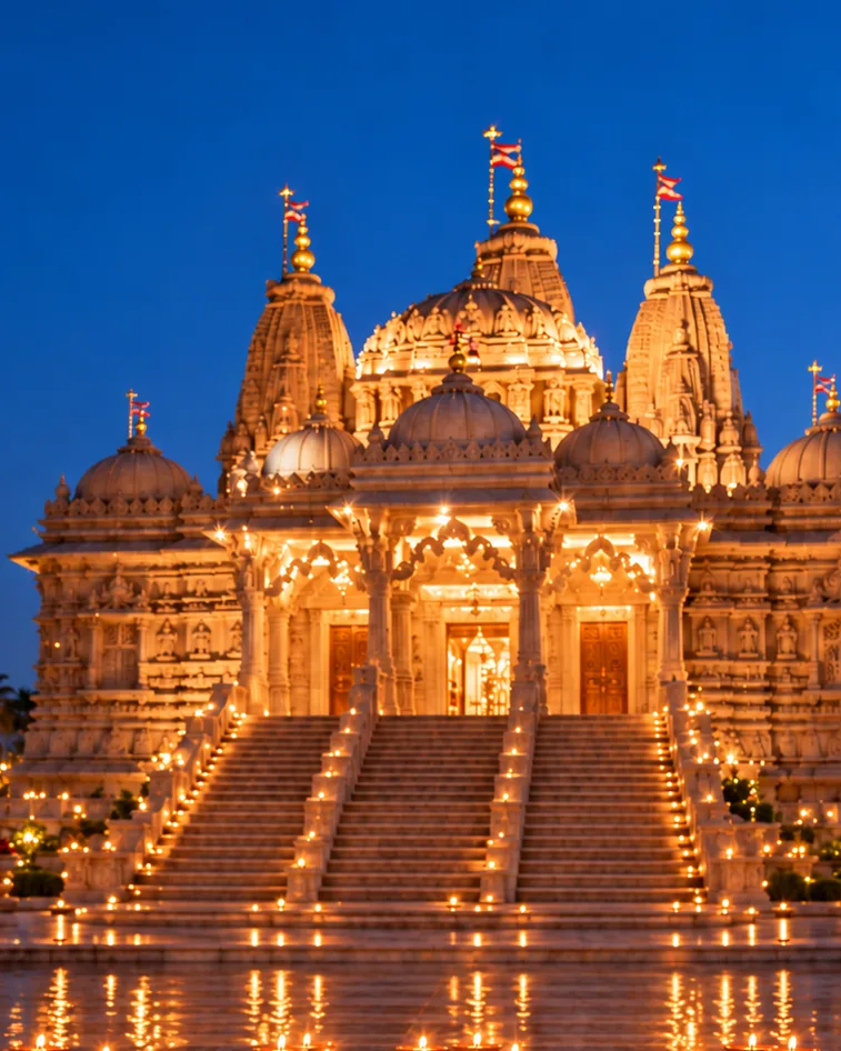 Indian family lighting diyas around a colorful rangoli in front of an illuminated Hindu temple during Diwali.