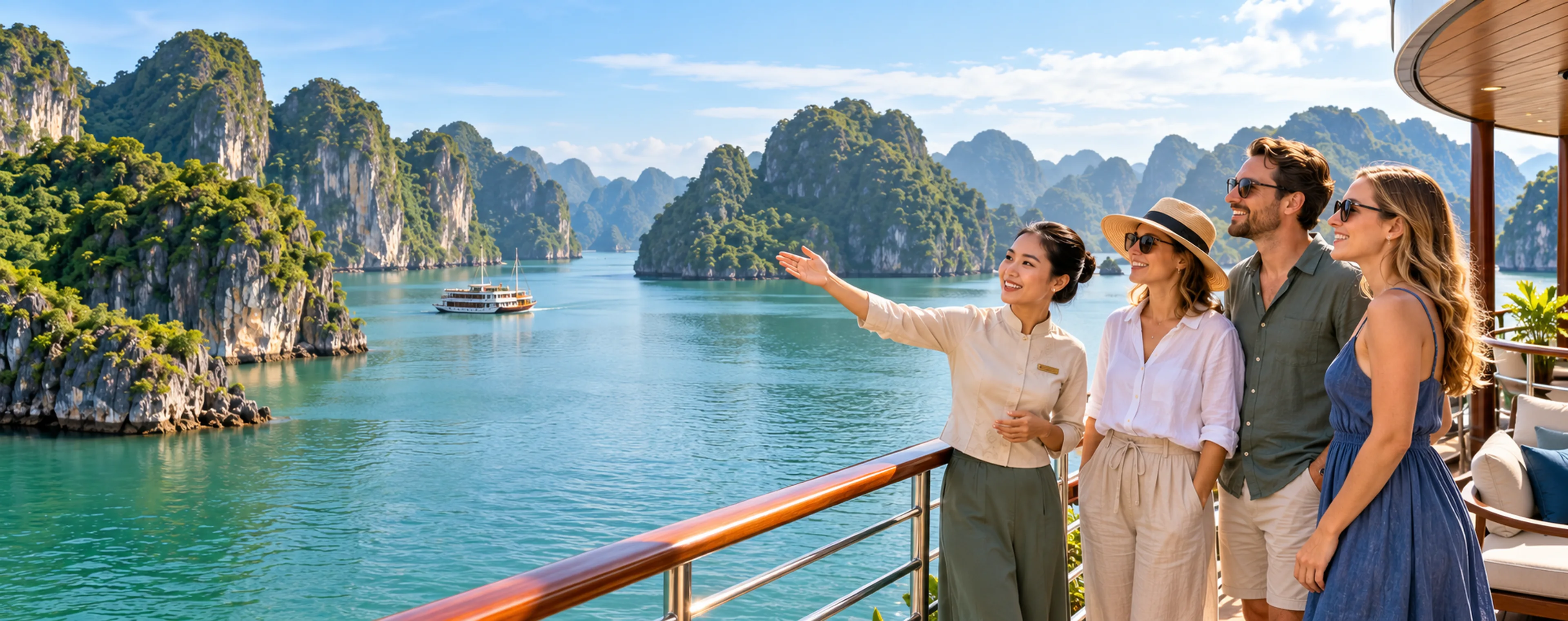 Halong Bay cruise deck with guide and three guests