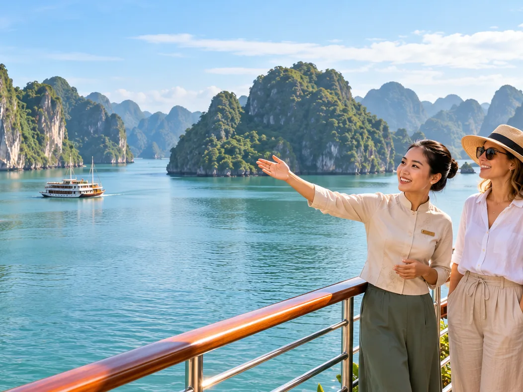 Halong Bay cruise deck with guide and three guests