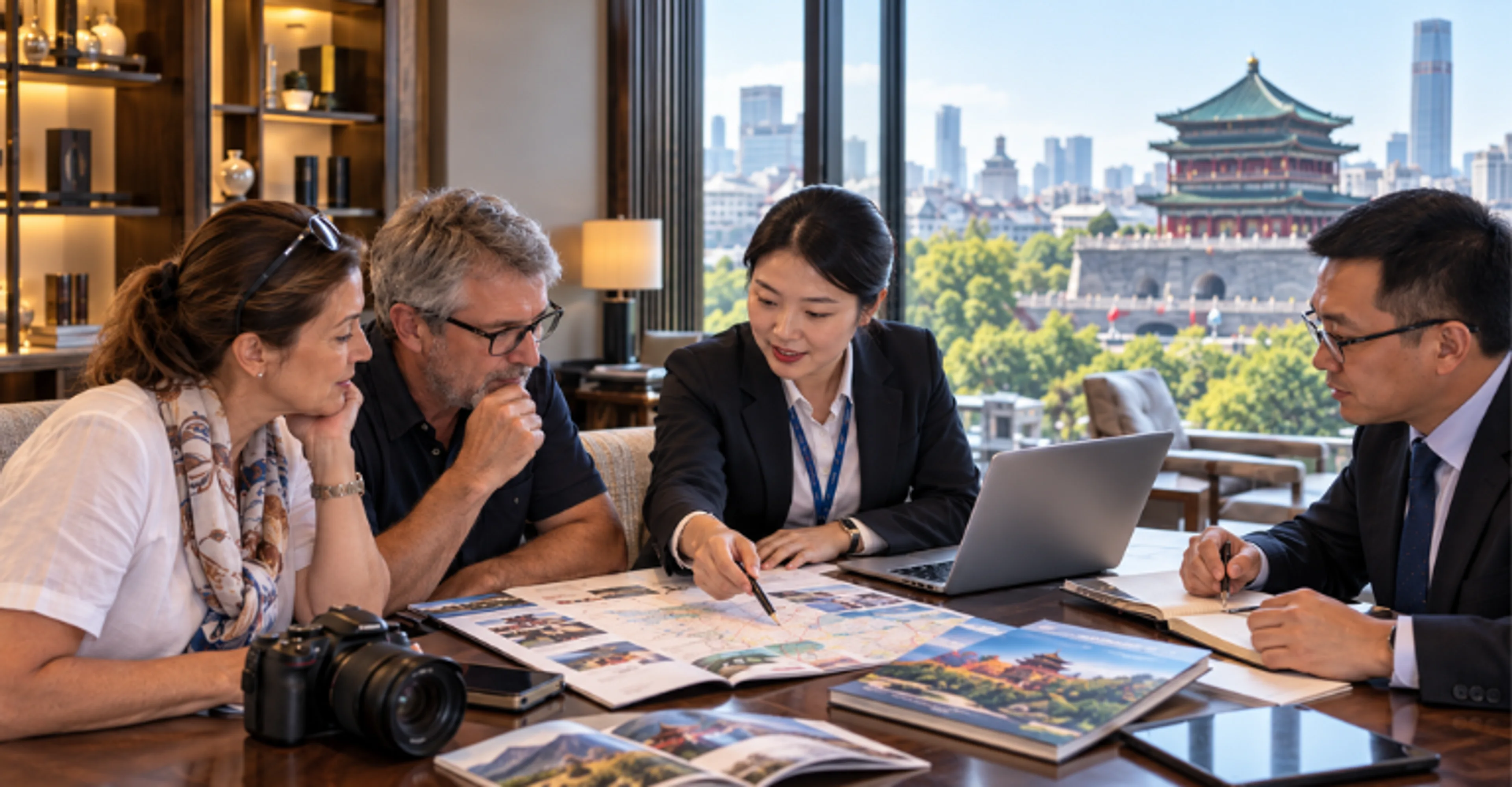 China DMC representative reviewing itinerary materials with international travel agents