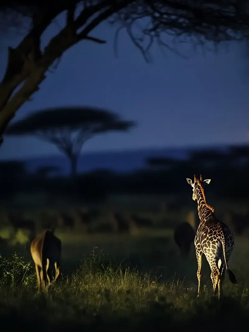 Nocturnal wildlife at waterhole under floodlights in Aberdare National Park