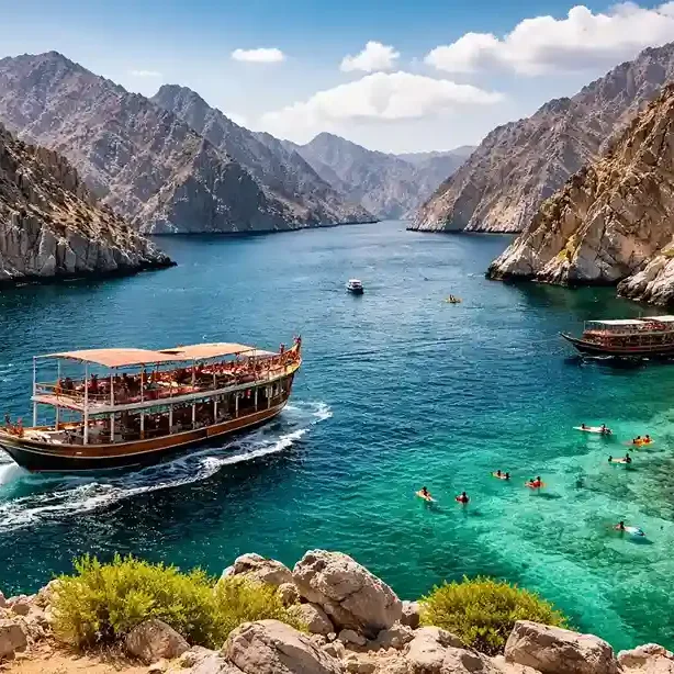 Musandam Dibba coastline with turquoise waters, fjords, and traditional dhow boats