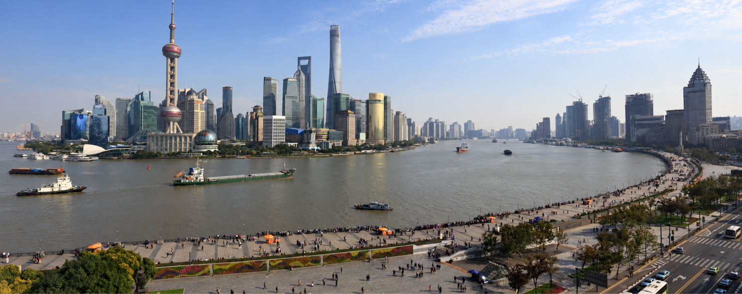 Panoramic view of Shanghai's Pudong skyline and the Huangpu River waterfront