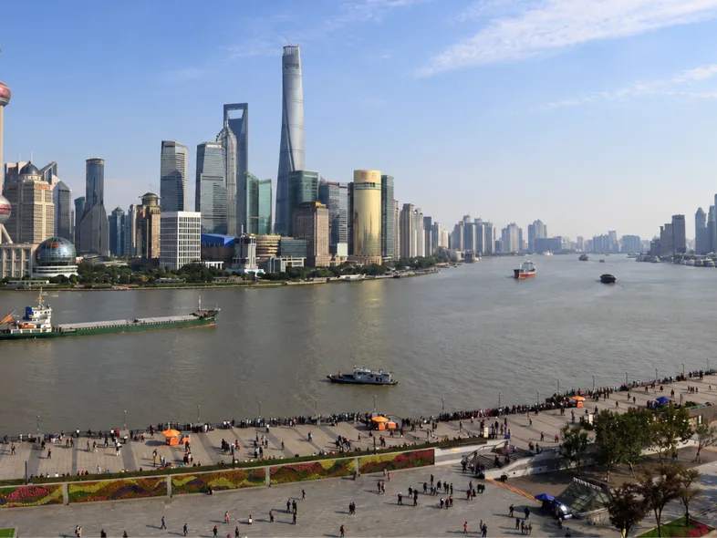Panoramic view of Shanghai's Pudong skyline and the Huangpu River waterfront
