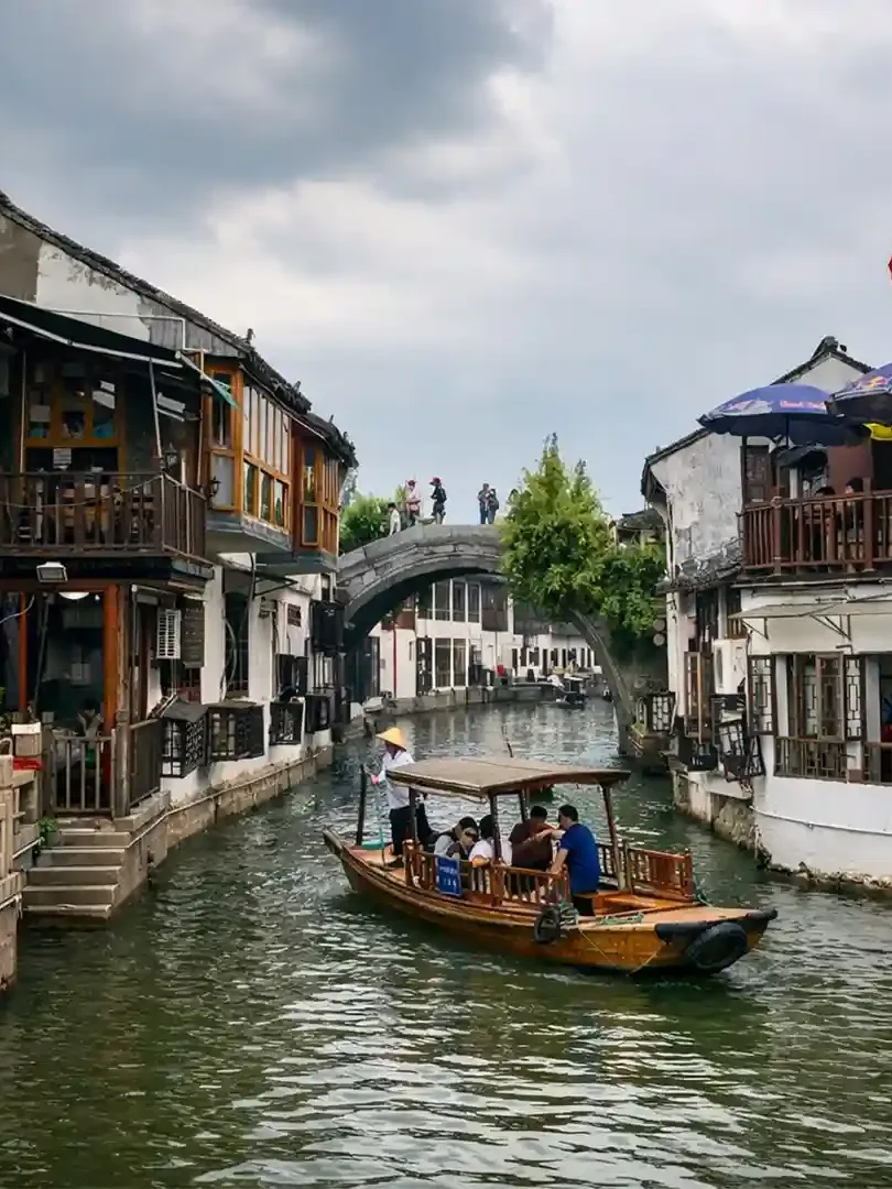 Zhujiajiao water town near Shanghai with canals, stone bridges, and traditional houses