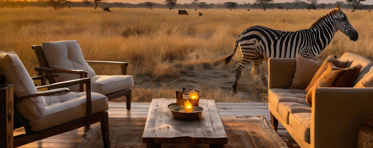 A zebra grazes just beyond an open-air lodge lounge with candlelit tables and plush seating, as wildlife roams the golden grassland at sunset in the background.