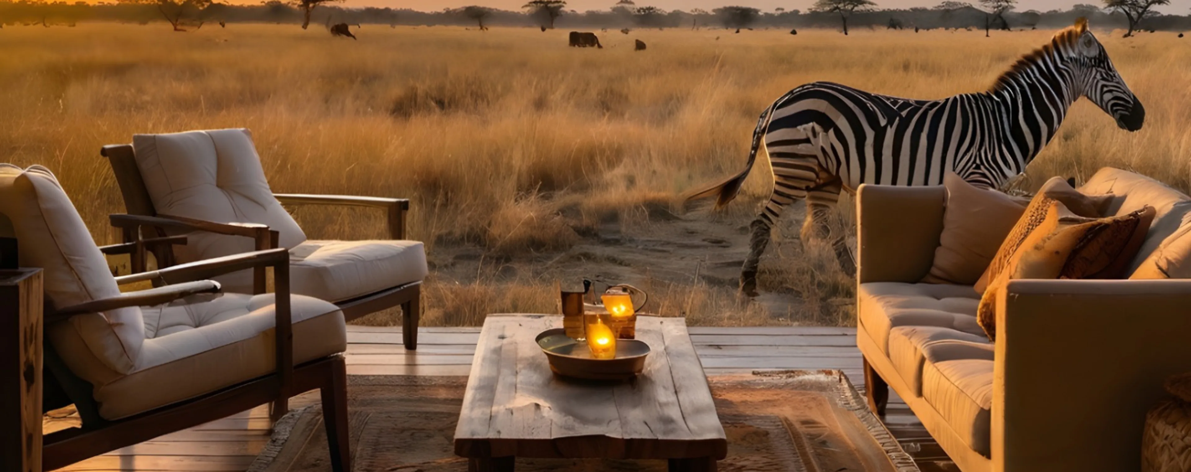 A zebra grazes just beyond an open-air lodge lounge with candlelit tables and plush seating, as wildlife roams the golden grassland at sunset in the background.