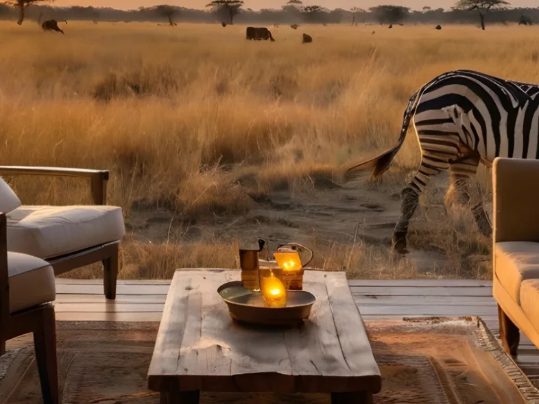 A zebra grazes just beyond an open-air lodge lounge with candlelit tables and plush seating, as wildlife roams the golden grassland at sunset in the background.