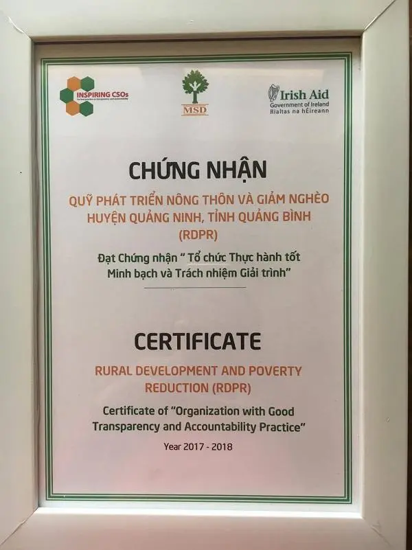RDPR đạt chứng nhận Tổ chức thực hành tốt Minh bạch và Trách nhiệm giải trình.