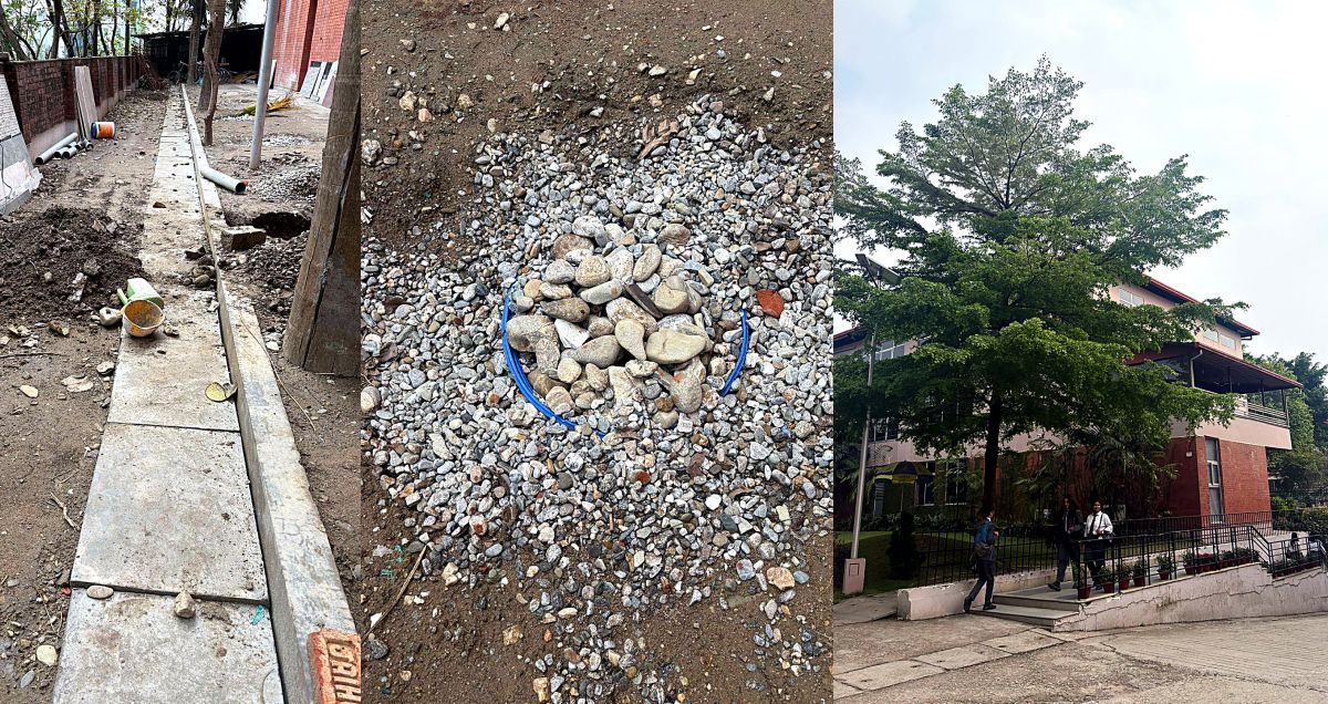 Rainwater collection channel, a pebble-topped recharge bed, and the tree-lined Block B building at Inspiria Knowledge Campus