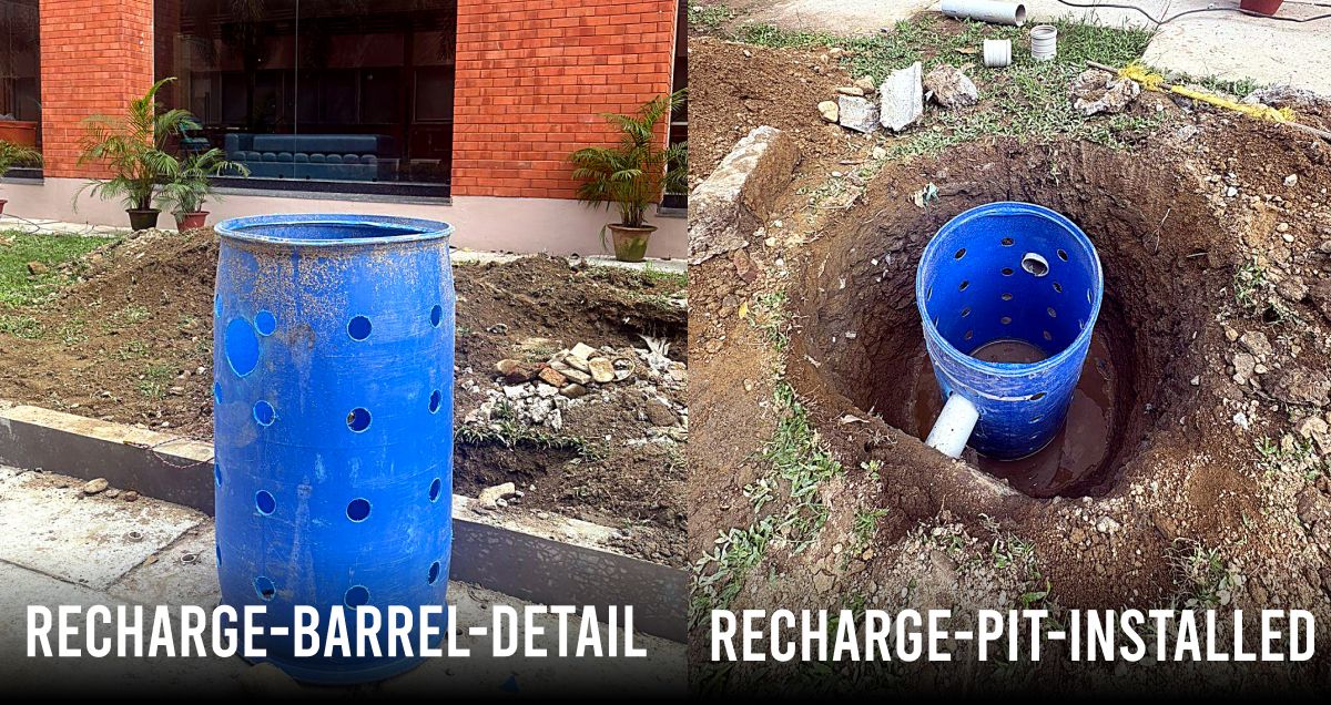 Perforated settling barrel and installed recharge pit at Block B, Inspiria Knowledge Campus