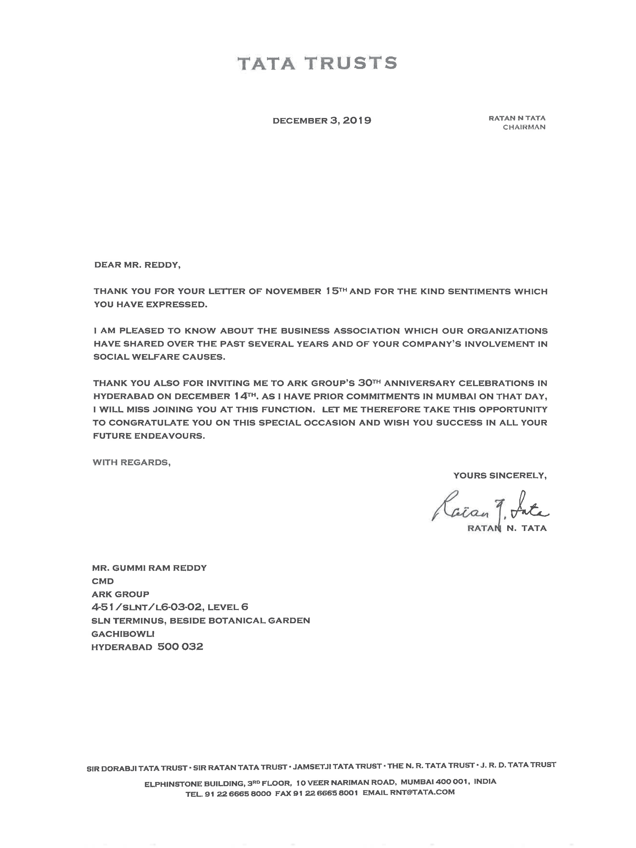 Letter from Ratan Tata